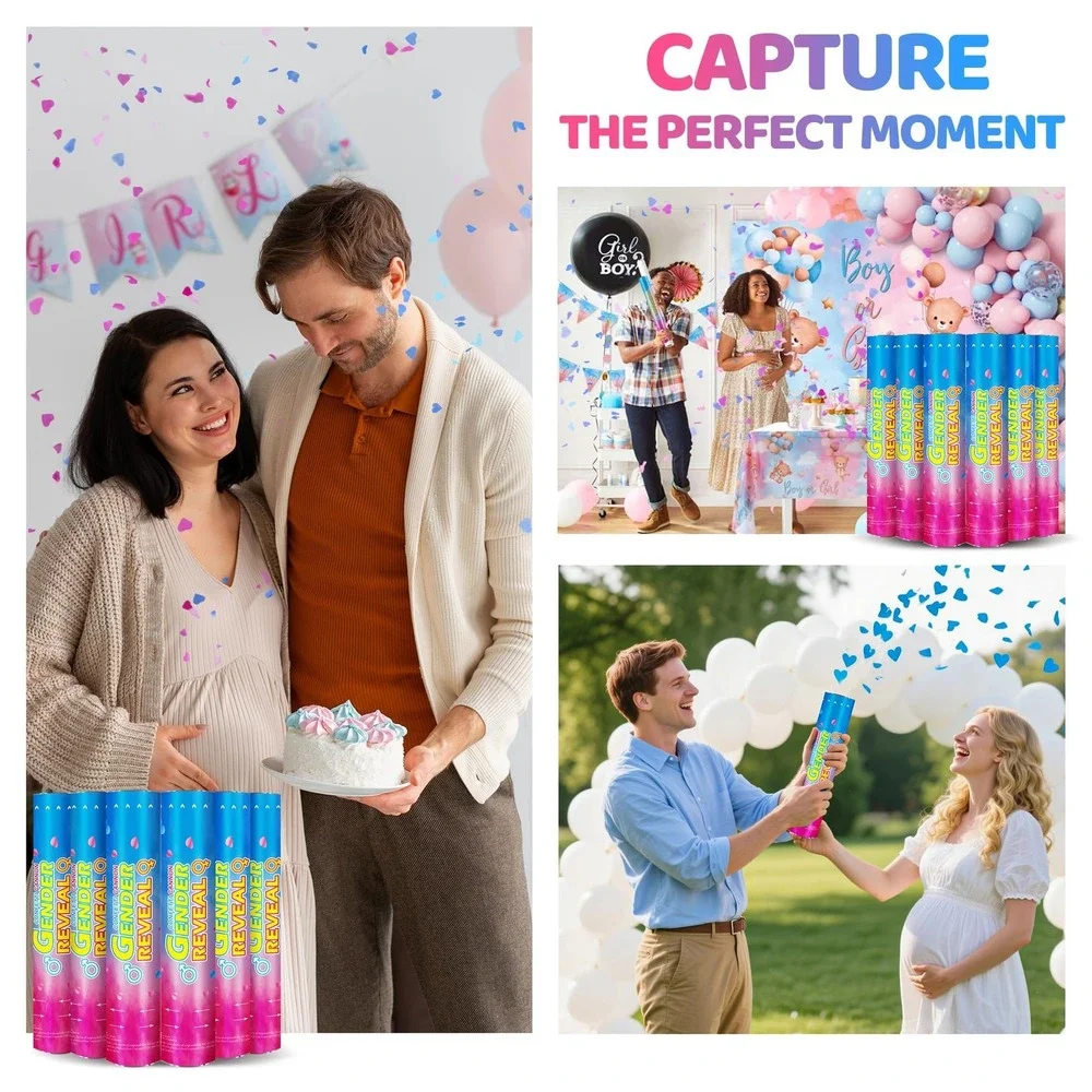 Gender Reveal Baby Confetti Cannons 6 Pack Blue Heart Shaped Easy Twist New Set